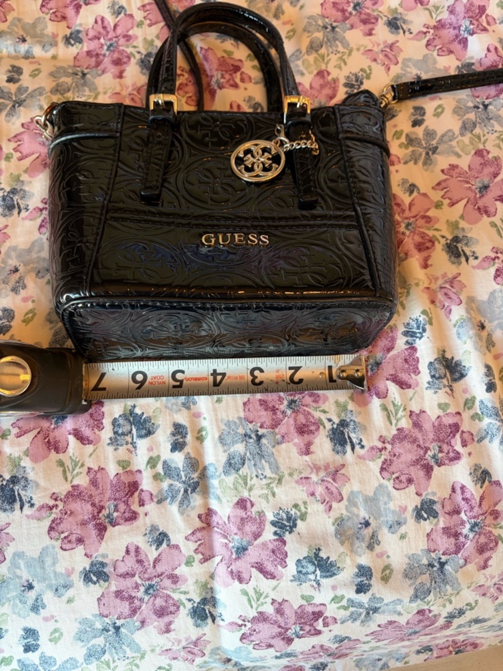GUESS Black Embossed Patent Leather Satchel with Gold Accents - Picture 9 of 9